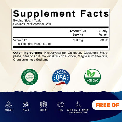 Vitamatic Vitamin B1 Thiamine 250 vegetarian tablets supplement label showing ingredient transparency.