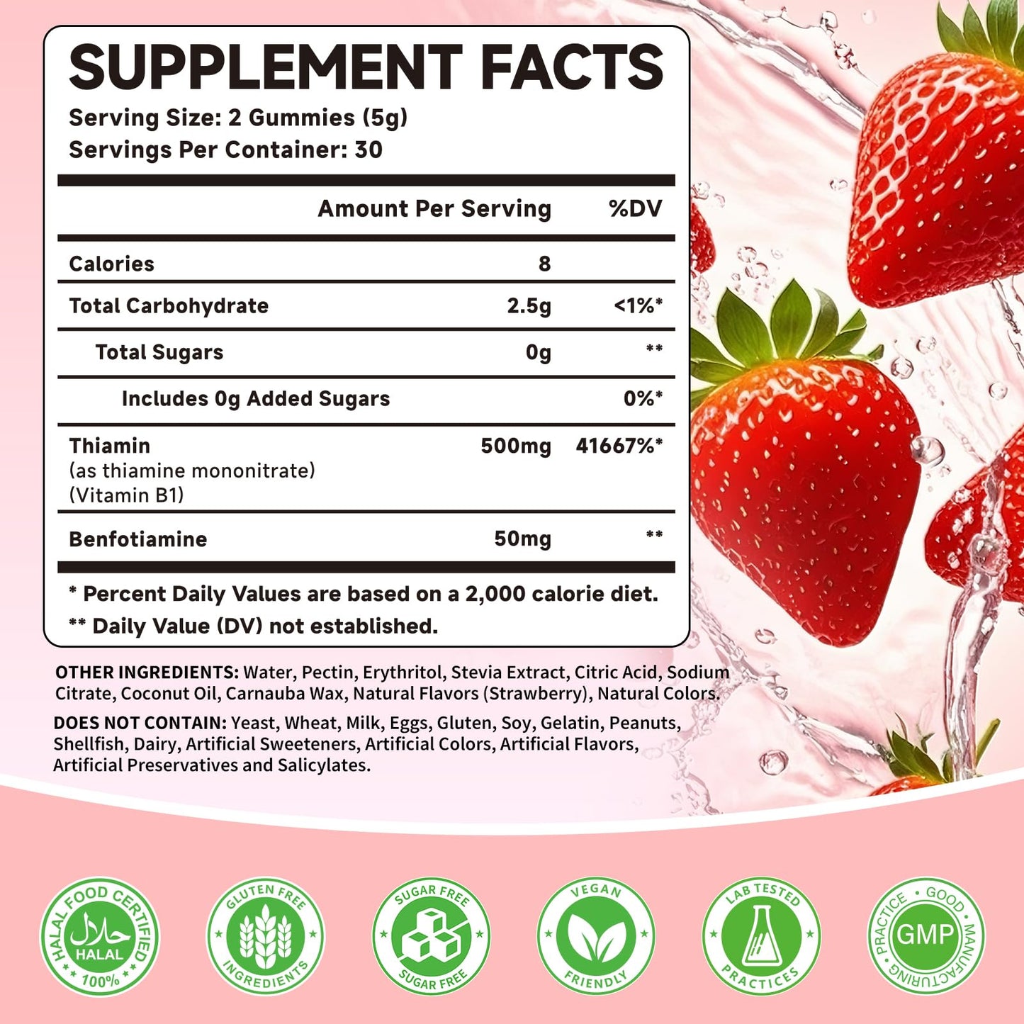 Mchokuu Thiamine supplement gummies strawberry flavor supplement facts label side view