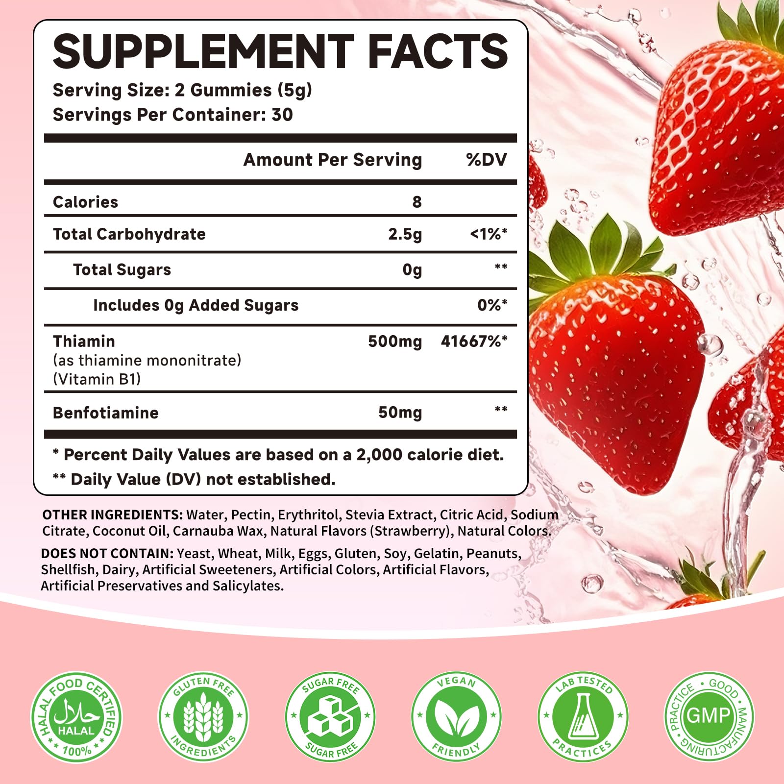 Mchokuu Thiamine supplement gummies strawberry flavor supplement facts label side view