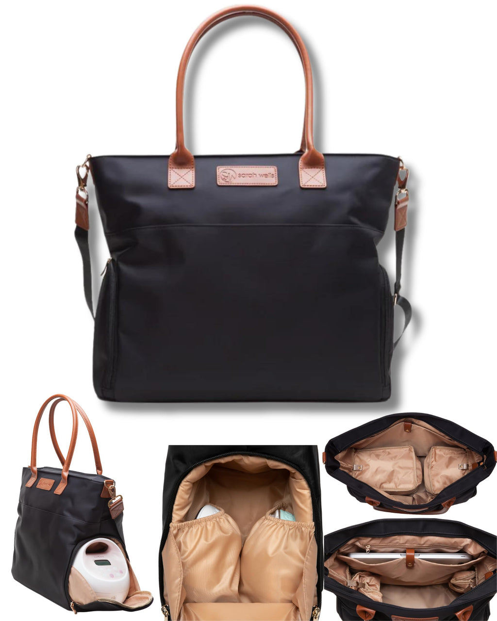 Sarah Wells Abby premium nursing tote back view detailing the integrated travel luggage sleeve