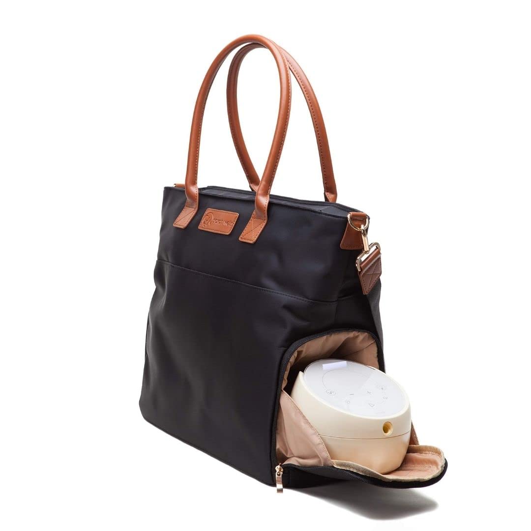 Sarah Wells Abby diaper and pump bag showing real leather comfort handles and crossbody strap