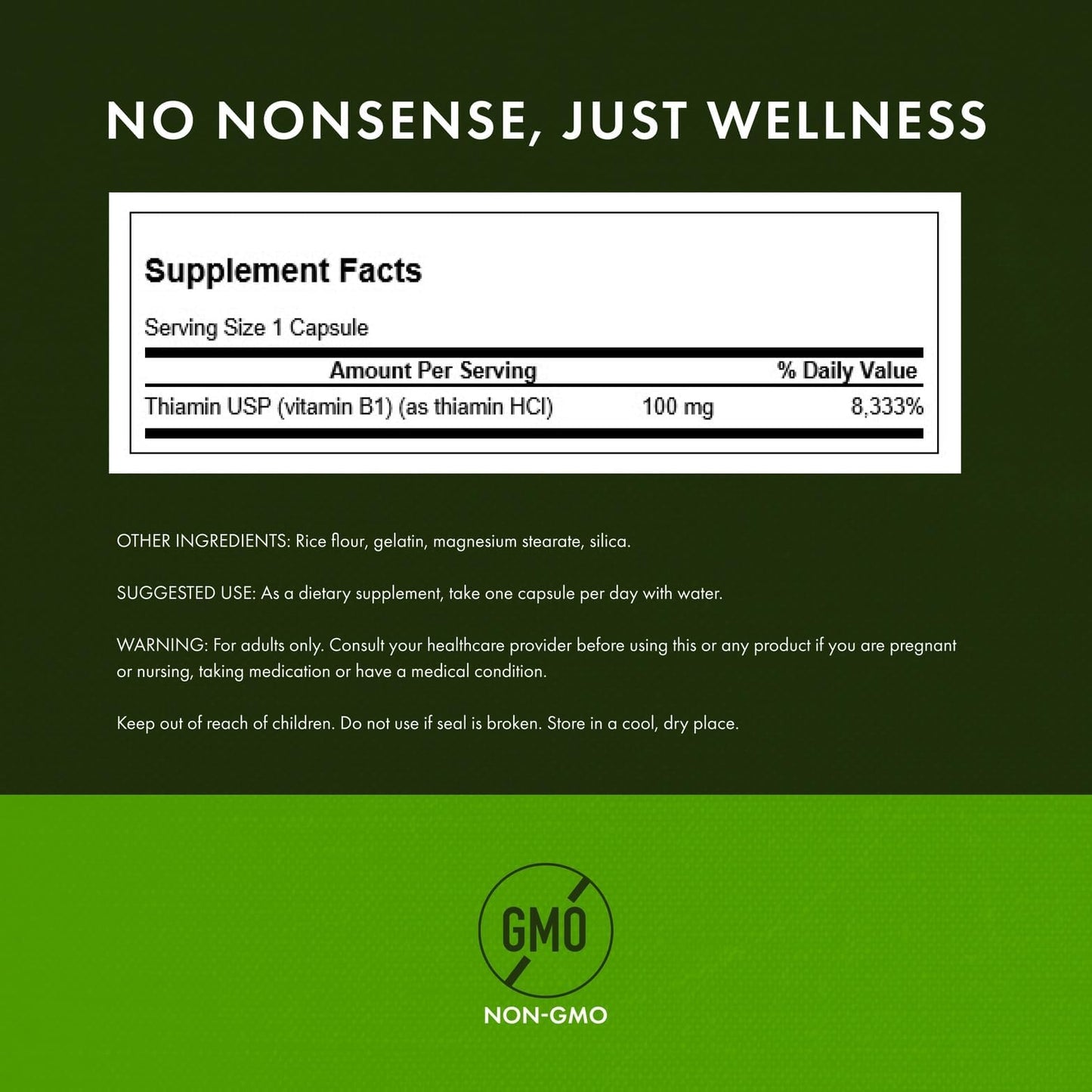 Swanson Thiamin 100 Milligrams supplement label displaying nutritional facts and dosage instructions