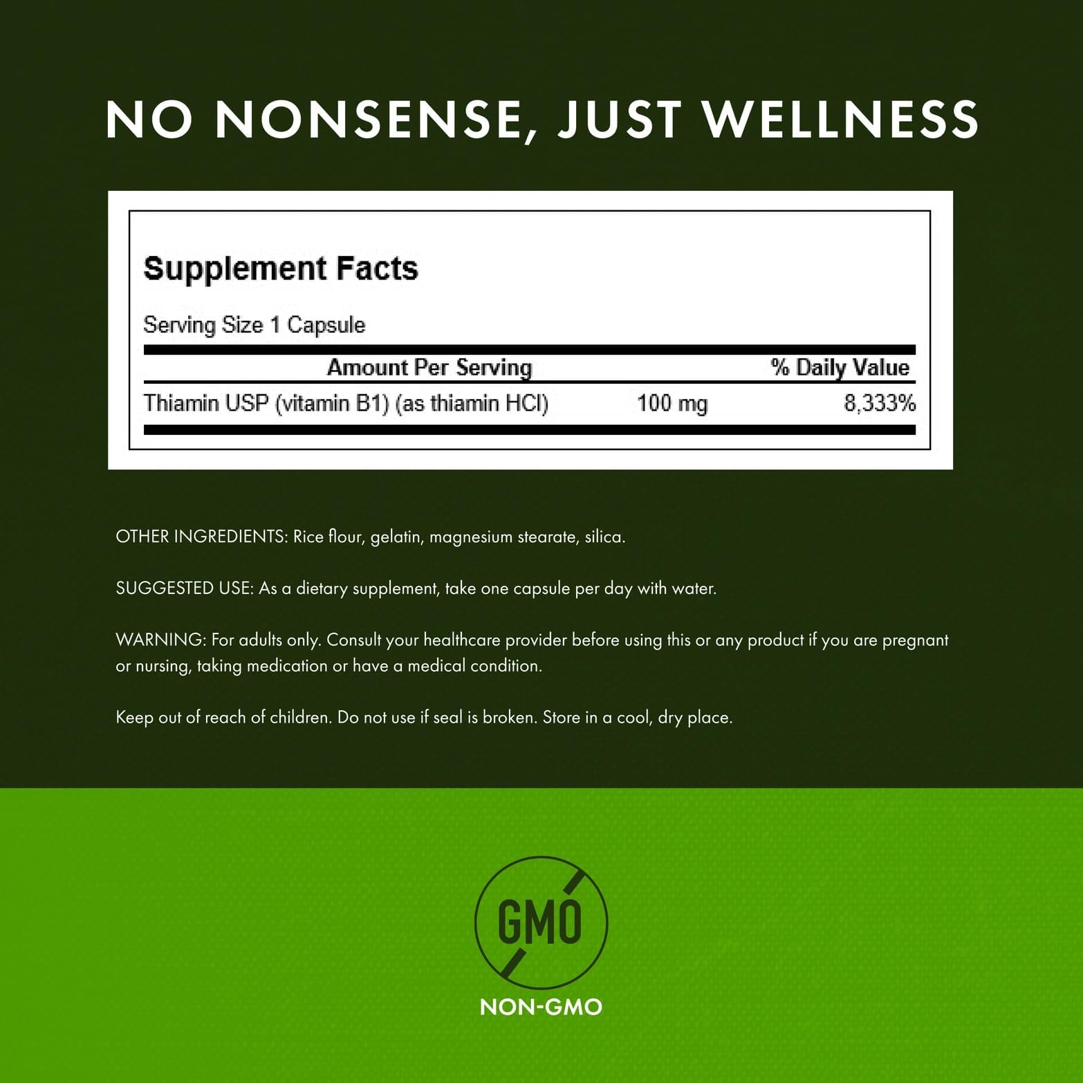 Swanson Thiamin 100 Milligrams supplement label displaying nutritional facts and dosage instructions