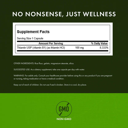 Swanson Thiamin 100 Milligrams supplement label displaying nutritional facts and dosage instructions