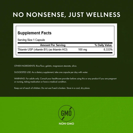 Swanson Thiamin 100 Milligrams supplement label displaying nutritional facts and dosage instructions