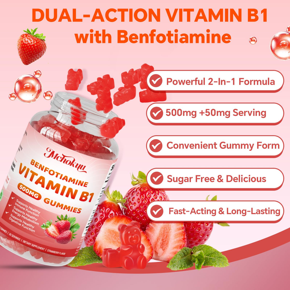 Side profile of Mchokuu 60 count supplement bottle