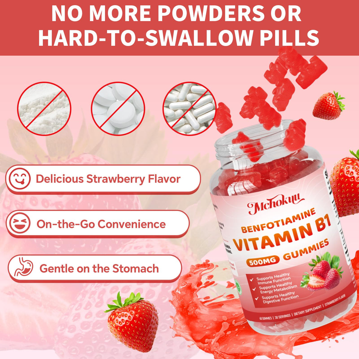Mchokuu gummy supplement jar showing vegan and sugar free seals