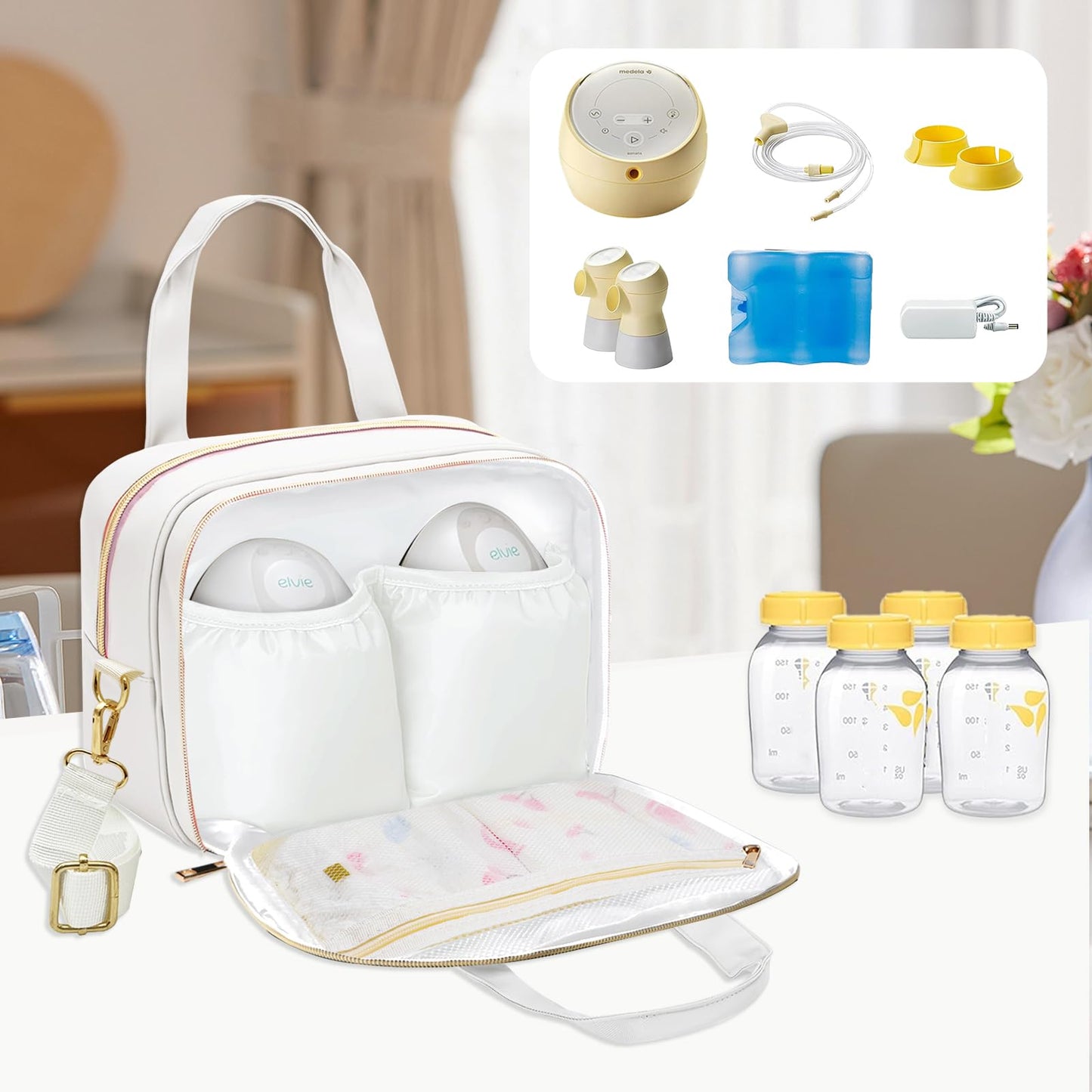 Rain Bunny insulated breast pump tote bag showing double layer storage compartment opened.