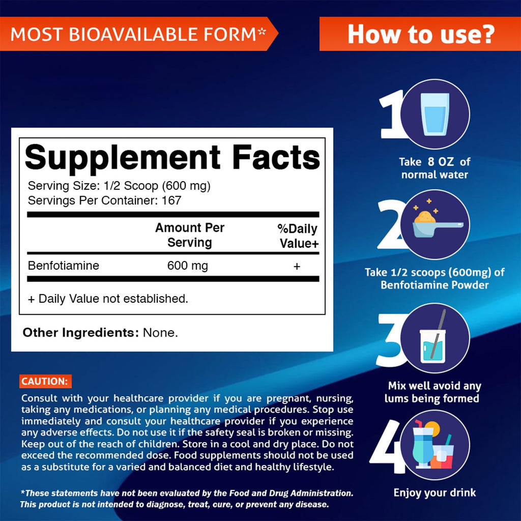 Vitamatic benfotiamine powder supplement facts panel and ingredients
