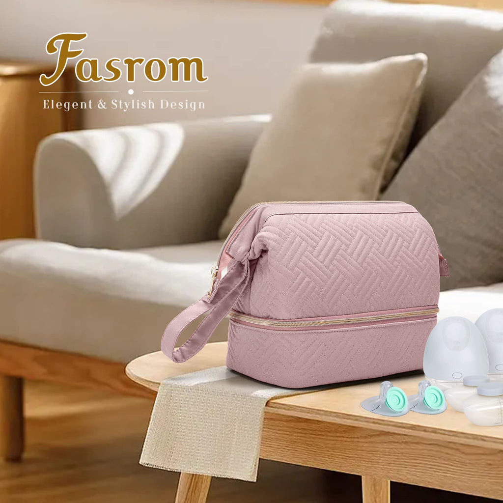 Fasrom pink quilted breast pump organizer bag isolated back view