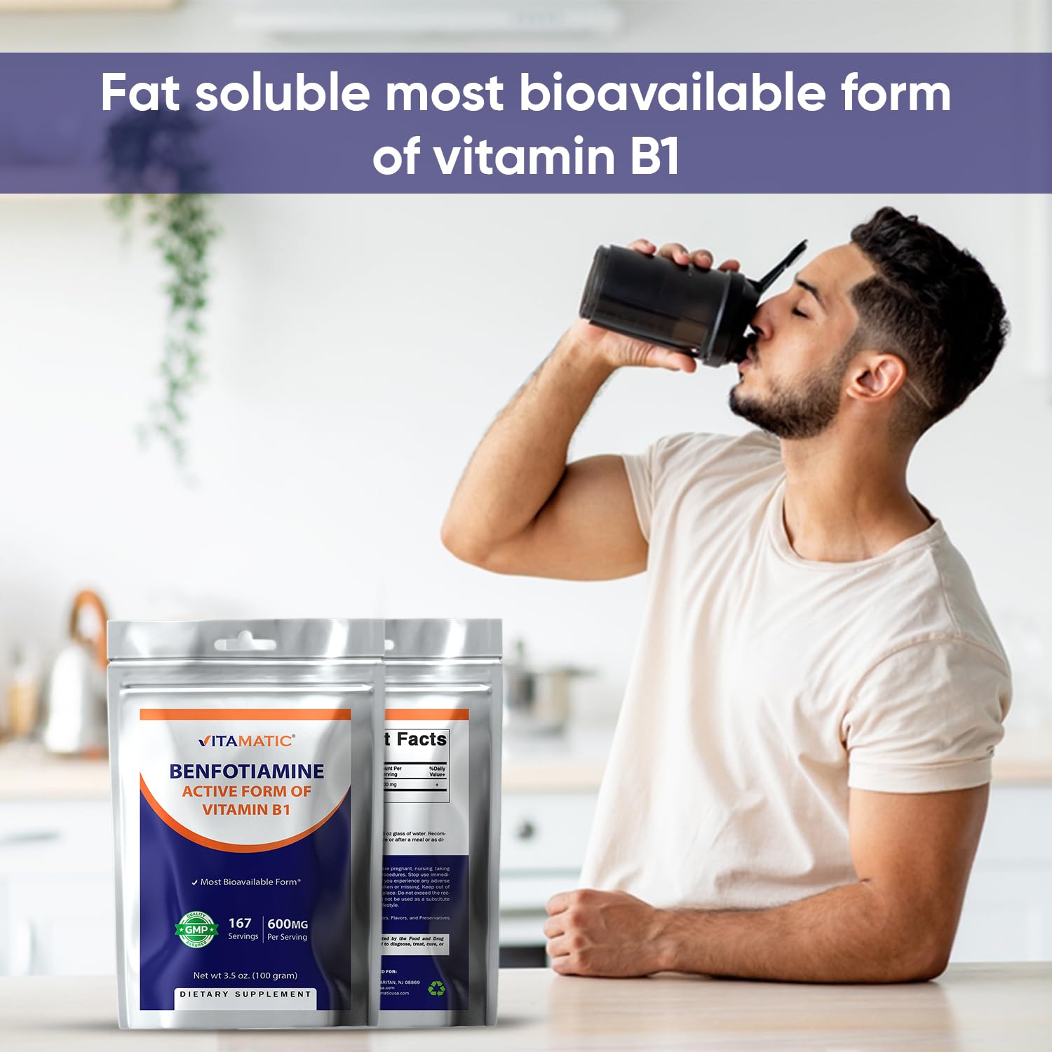 Measuring scoop and texture of highly bioavailable Benfotiamine pure powder.
