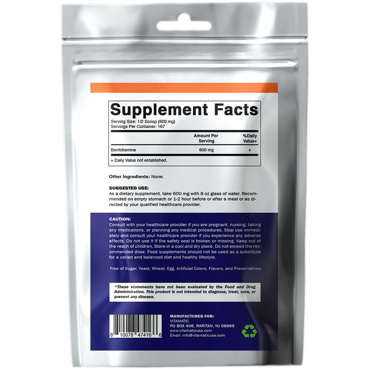 Vitamatic benfotiamine 100 grams packaging overview