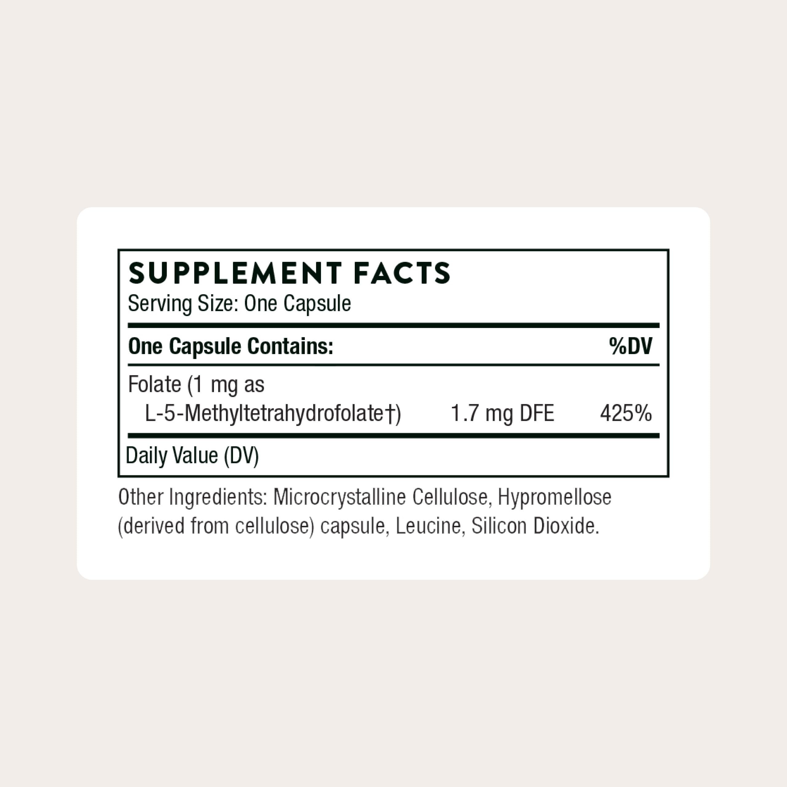 Thorne active methylfolate 1 milligram supplement label details
