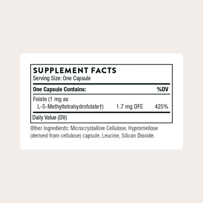 Thorne active methylfolate 1 milligram supplement label details