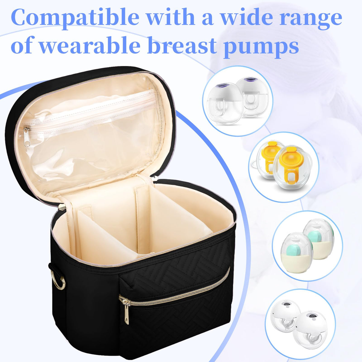 GDNasist hands free pump case close up on the translucent internal zipper pocket.