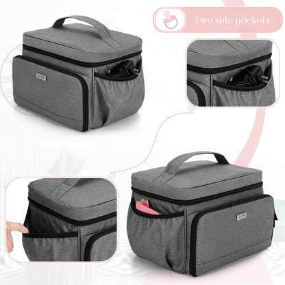 Luxja padded breast pump tote showing internal mesh pockets holding flanges and tubing