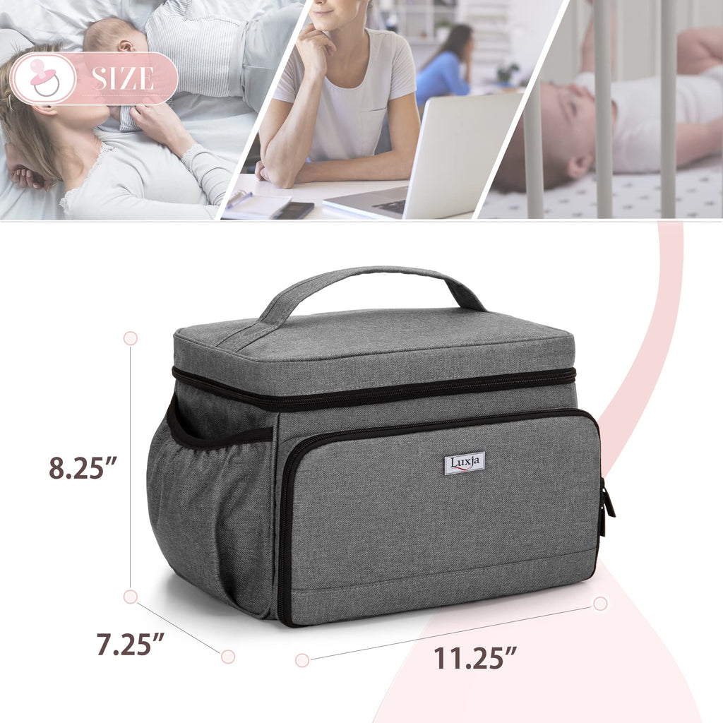 Luxja travel bag exterior side pocket containing power cables and electric adapters