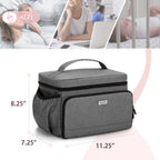 Luxja travel bag exterior side pocket containing power cables and electric adapters