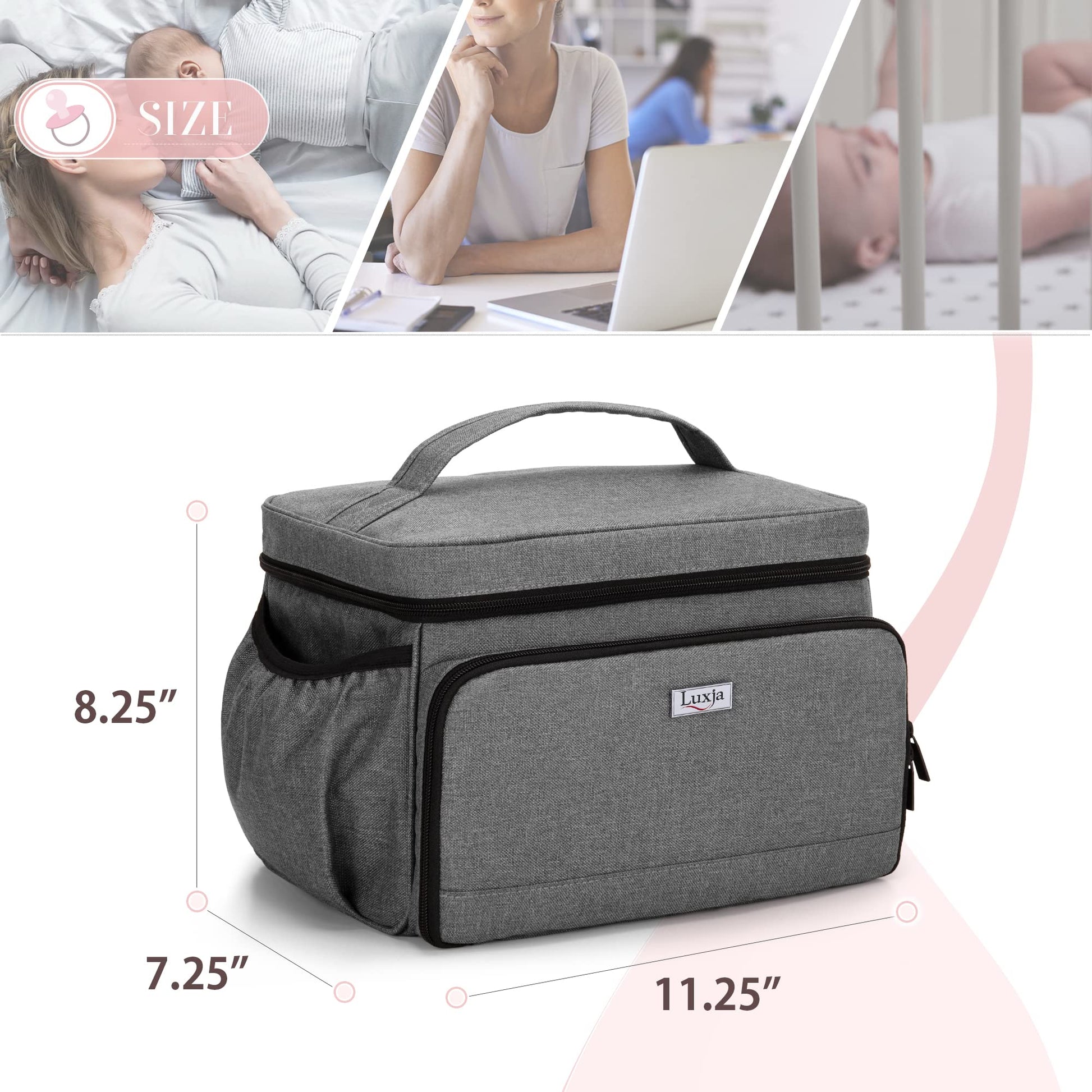 Luxja travel bag exterior side pocket containing power cables and electric adapters