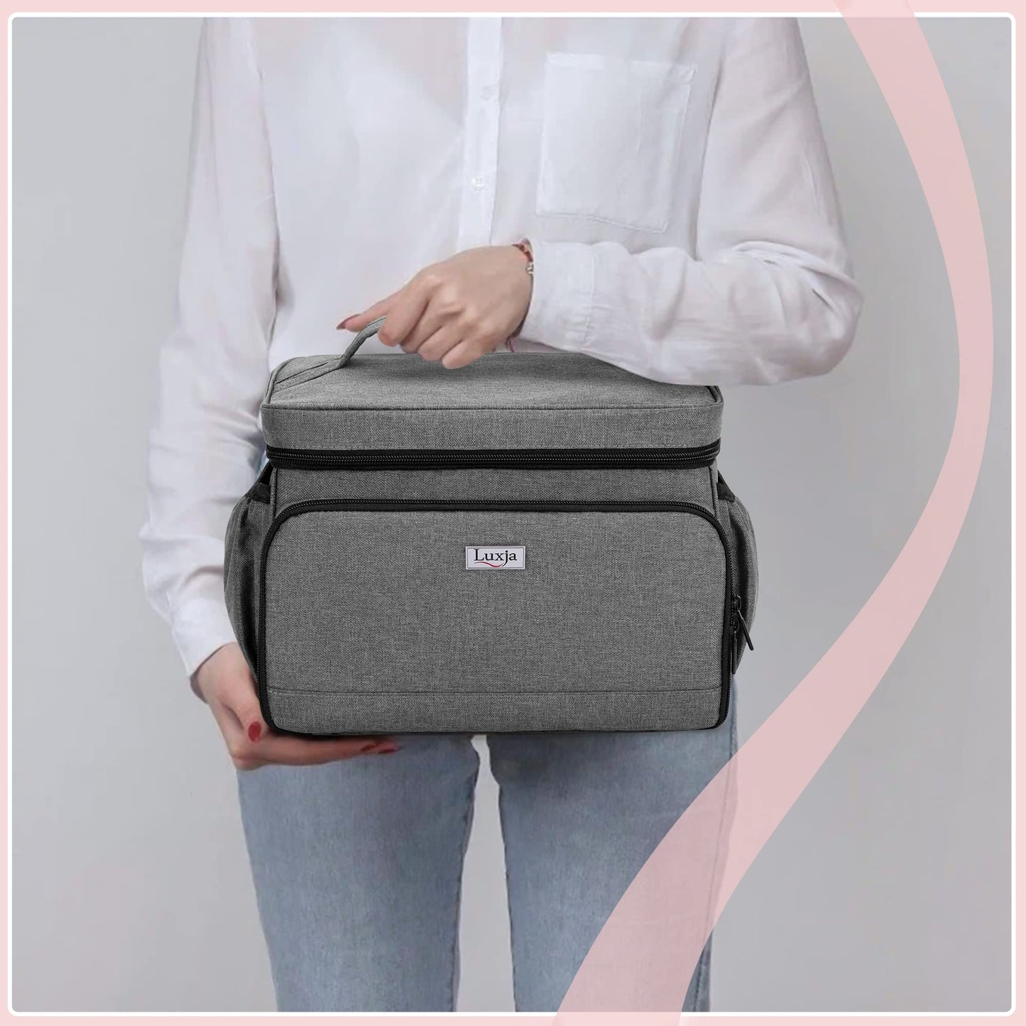 Luxja breast pump bag showing twin carrying handles and detachable adjustable shoulder strap