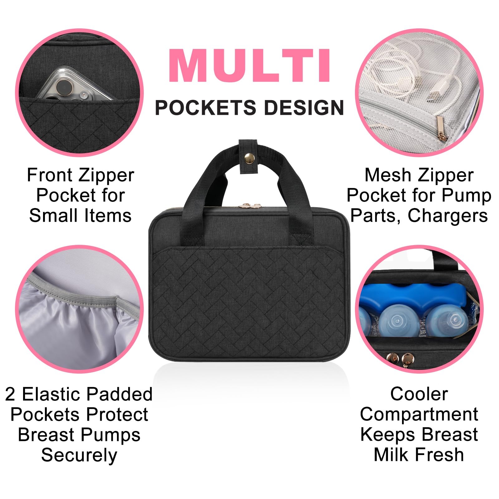 Phoebus Baby bag main compartment demonstrating extended elastic pockets for wearable pumps