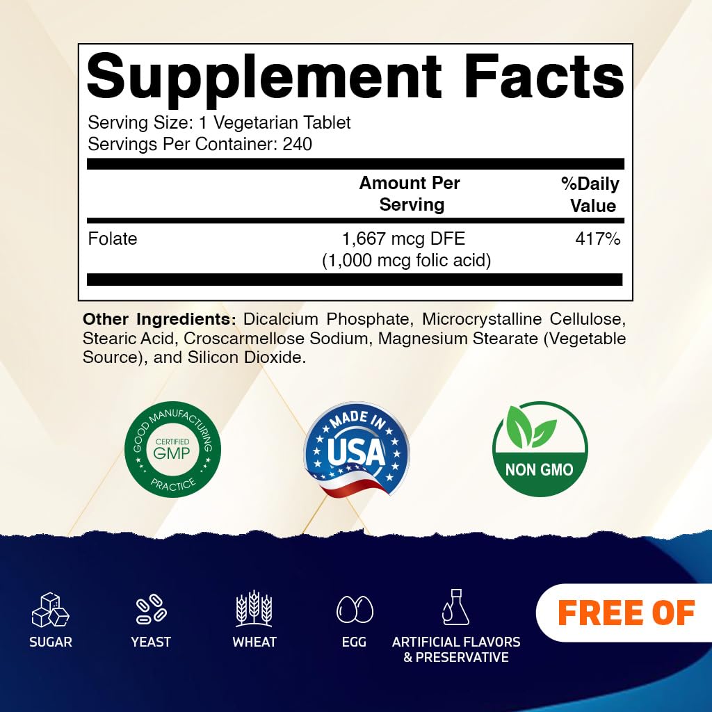 Vitamatic Vitamin B9 1667mcg DFE supplement bottle side panels showing directions for use