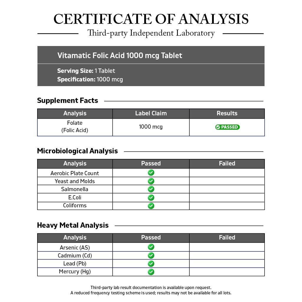 Vitamatic Folic Acid vegetarian tablets ingredient facts and nutritional information panel