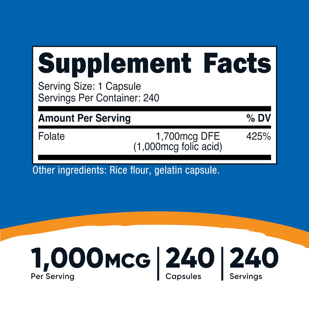 Nutricost Vitamin B9 240 capsules dietary supplement side label showing clean ingredients