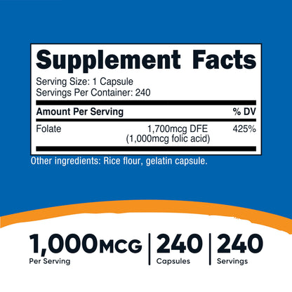 Nutricost Vitamin B9 240 capsules dietary supplement side label showing clean ingredients