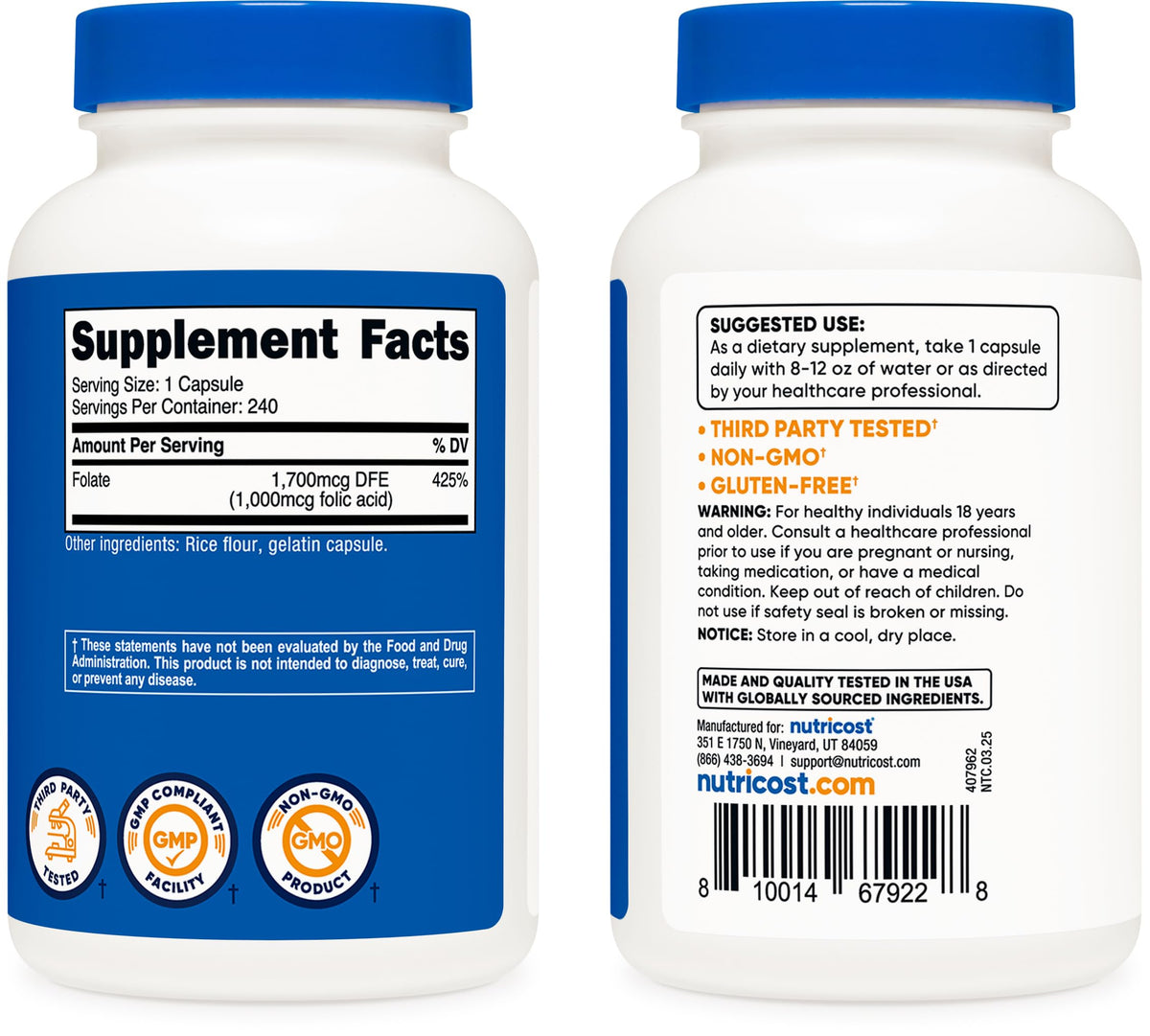 Nutricost non-GMO gluten free soy free Folic Acid bottle showing allergen safety certifications