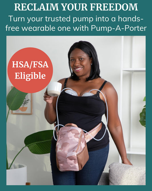 Idaho Jones hands free pumping belt pack being worn by a mother walking at home.