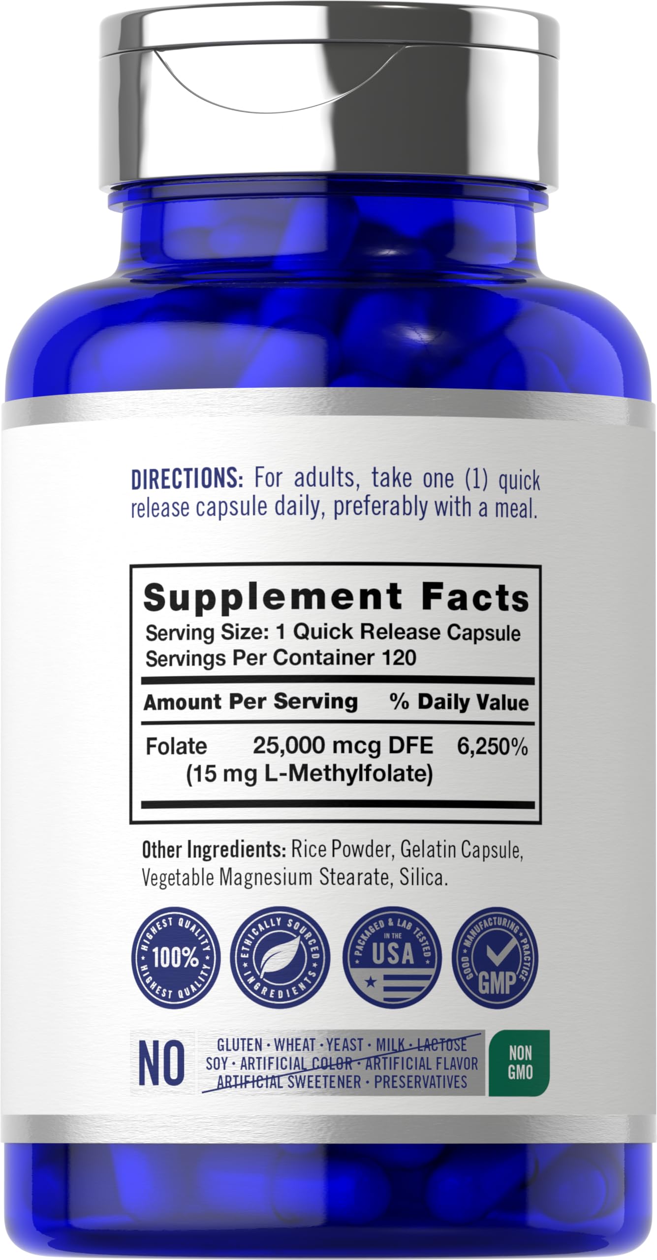 Carlyle L Methylfolate 120 capsules nutritional facts label showing 15mg potency