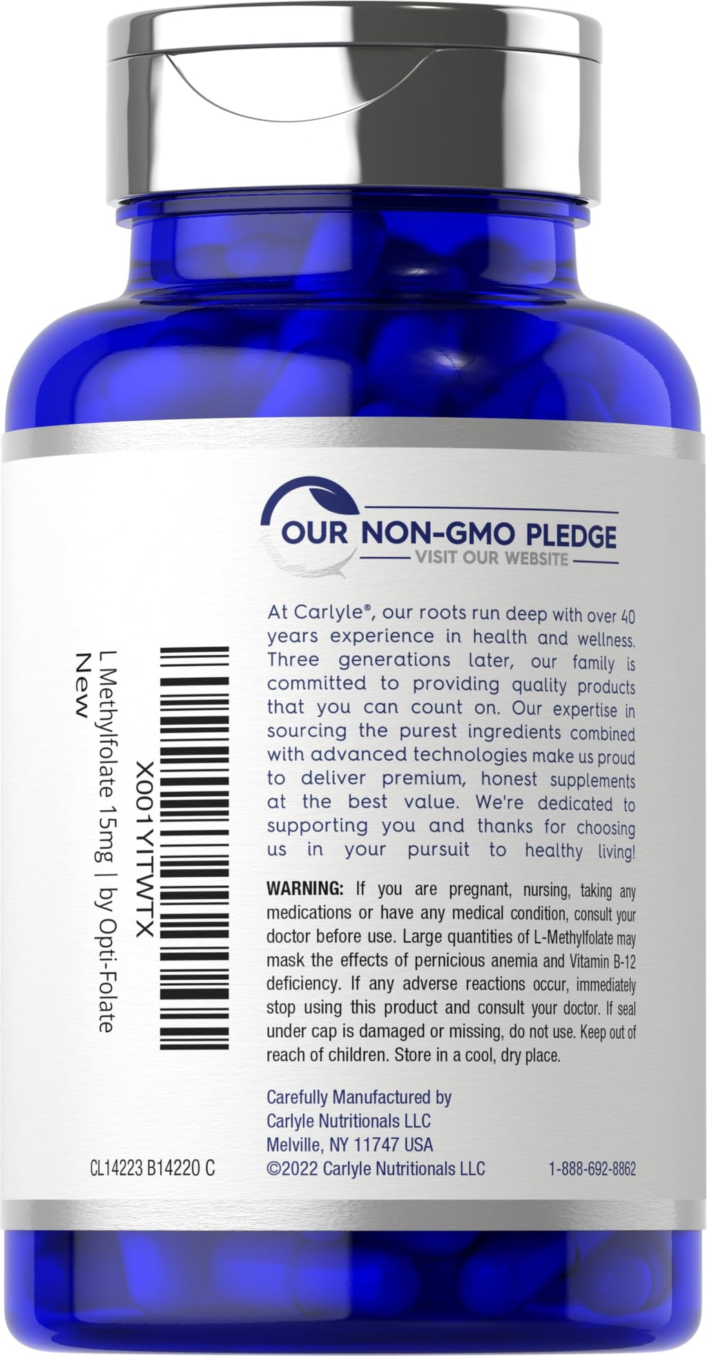 Carlyle Opti Folate vitamin B9 active dietary supplement bottle closure detail