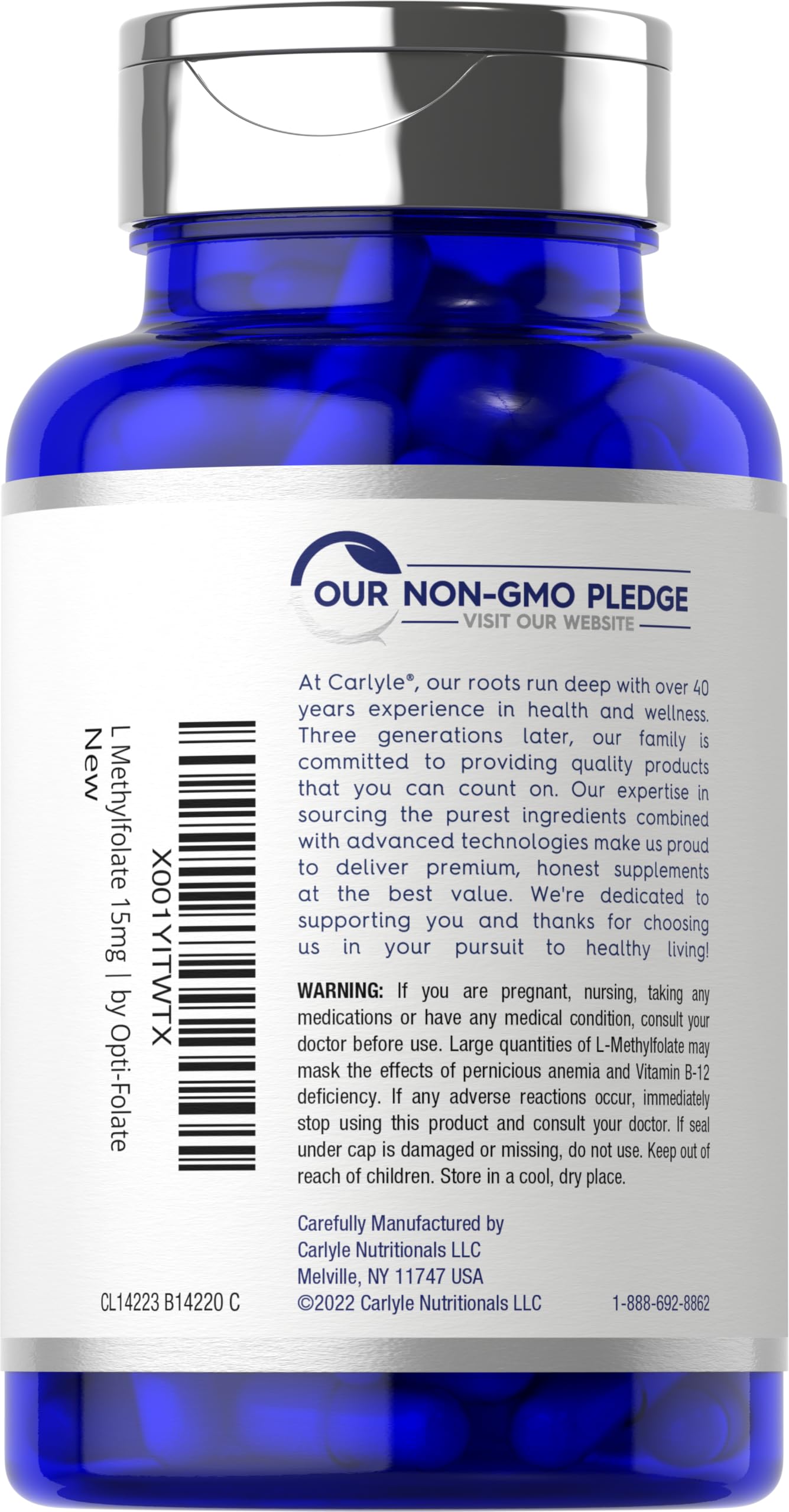 Carlyle Opti Folate vitamin B9 active dietary supplement bottle closure detail