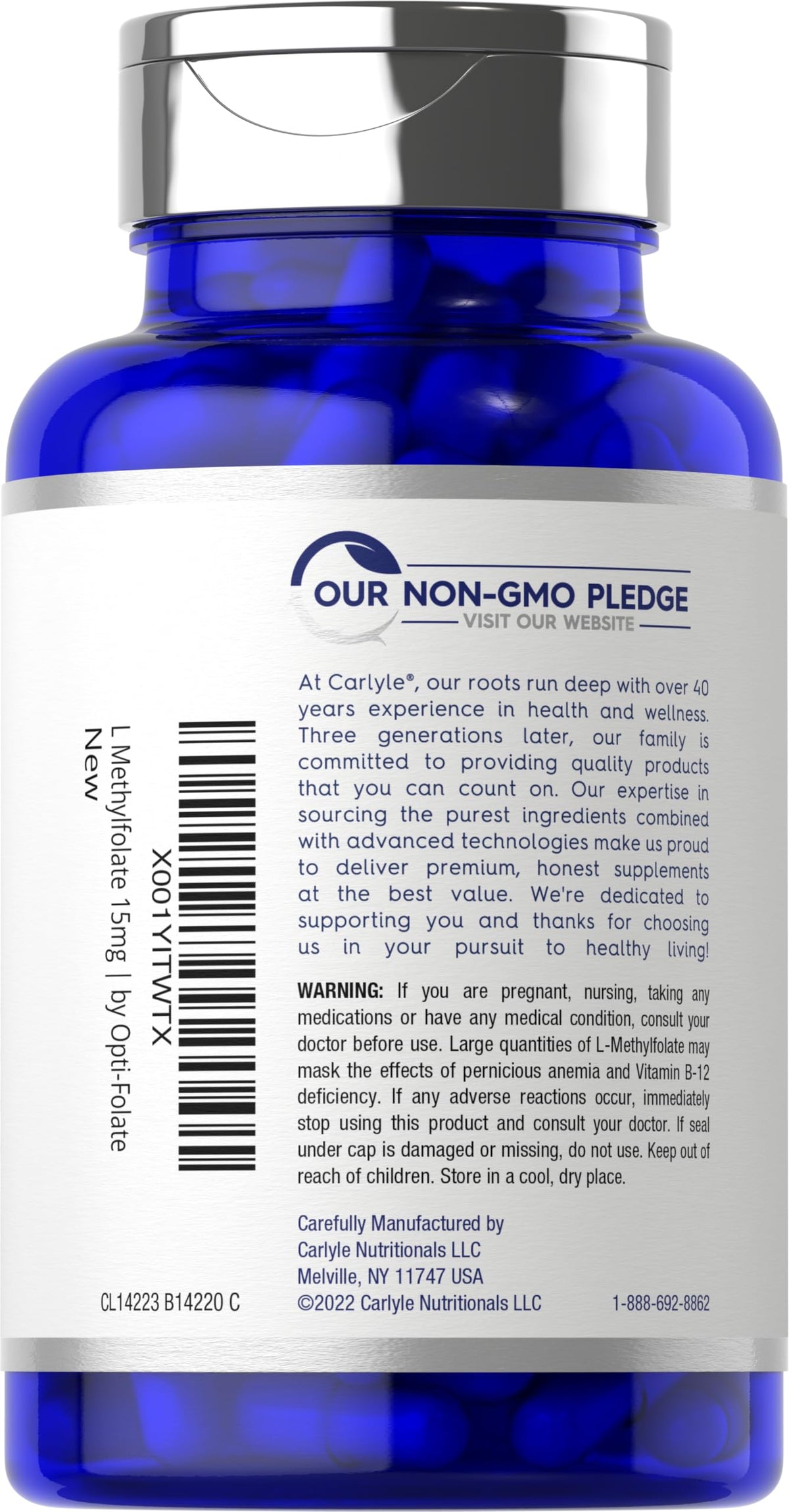 Carlyle Opti Folate vitamin B9 active dietary supplement bottle closure detail