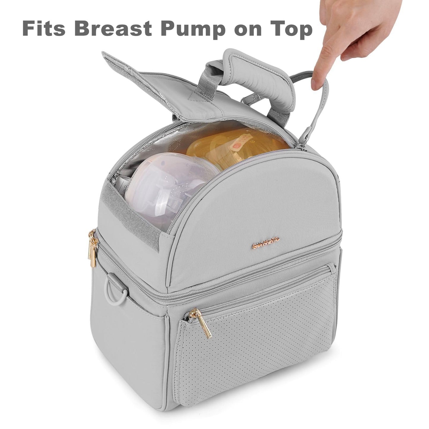 Sunveno breastpump travel organizer being worn as a crossbody shoulder bag