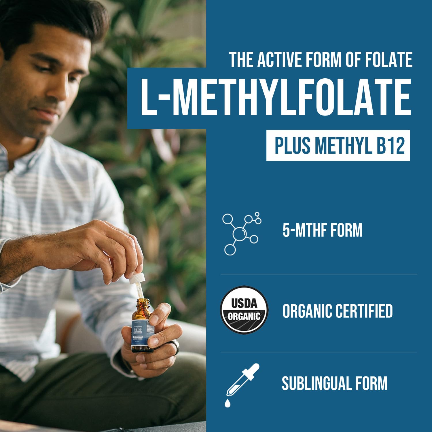 Sublingual active 5-MTHF and methyl B12 drops dropper detail showing berry flavored liquid