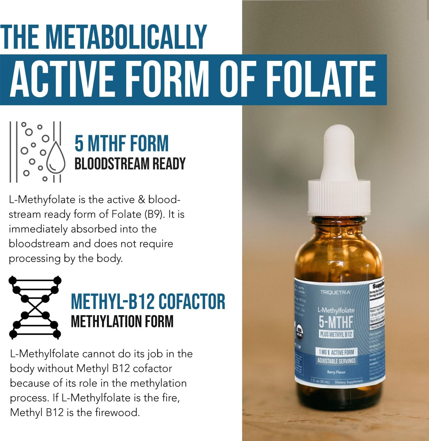 Back label of Triquetra Health organic methyl folate showing clean vegan ingredients and serving size