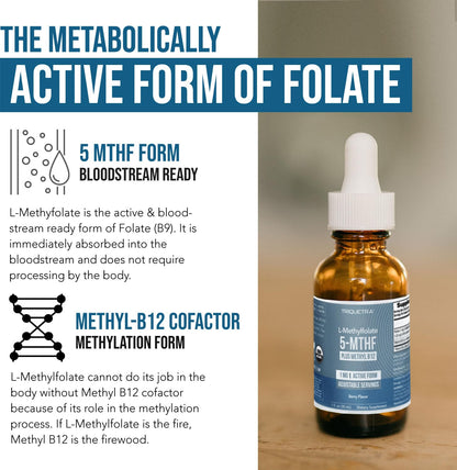 Back label of Triquetra Health organic methyl folate showing clean vegan ingredients and serving size