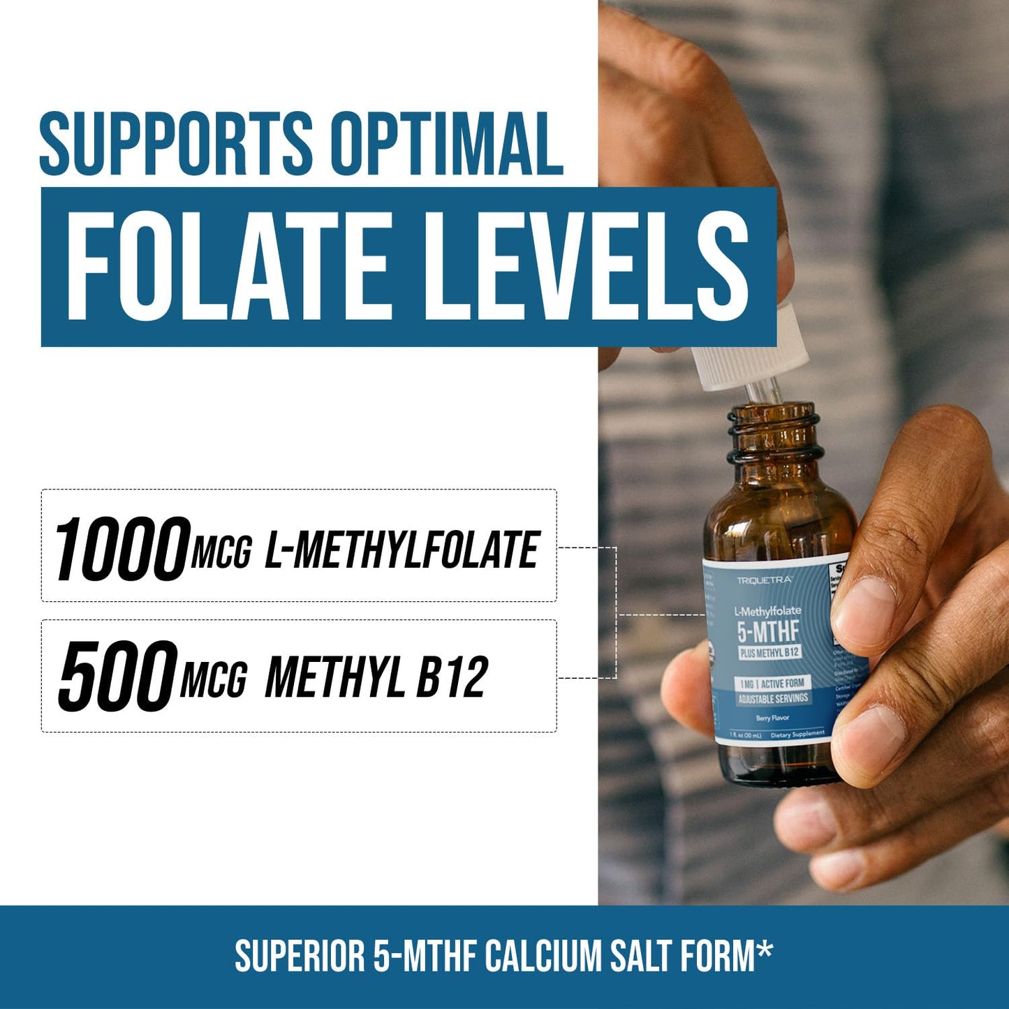 Triquetra Health methyl folate 1000 mcg bottle next to fresh berries illustrating the natural flavor profile