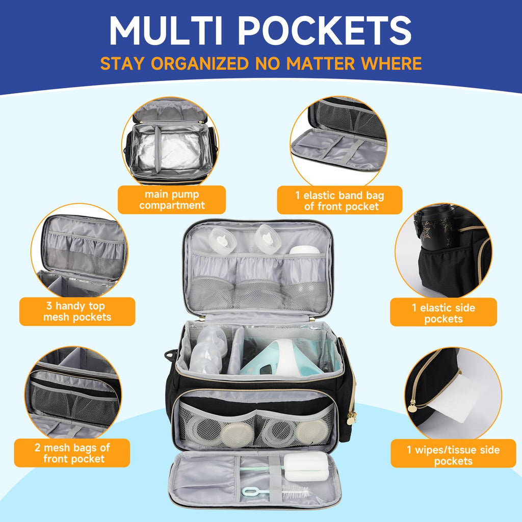 Phoebus Baby breast pump carrying case demonstrating the built-in insulated milk storage section