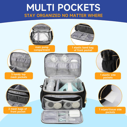 Phoebus Baby breast pump carrying case demonstrating the built-in insulated milk storage section