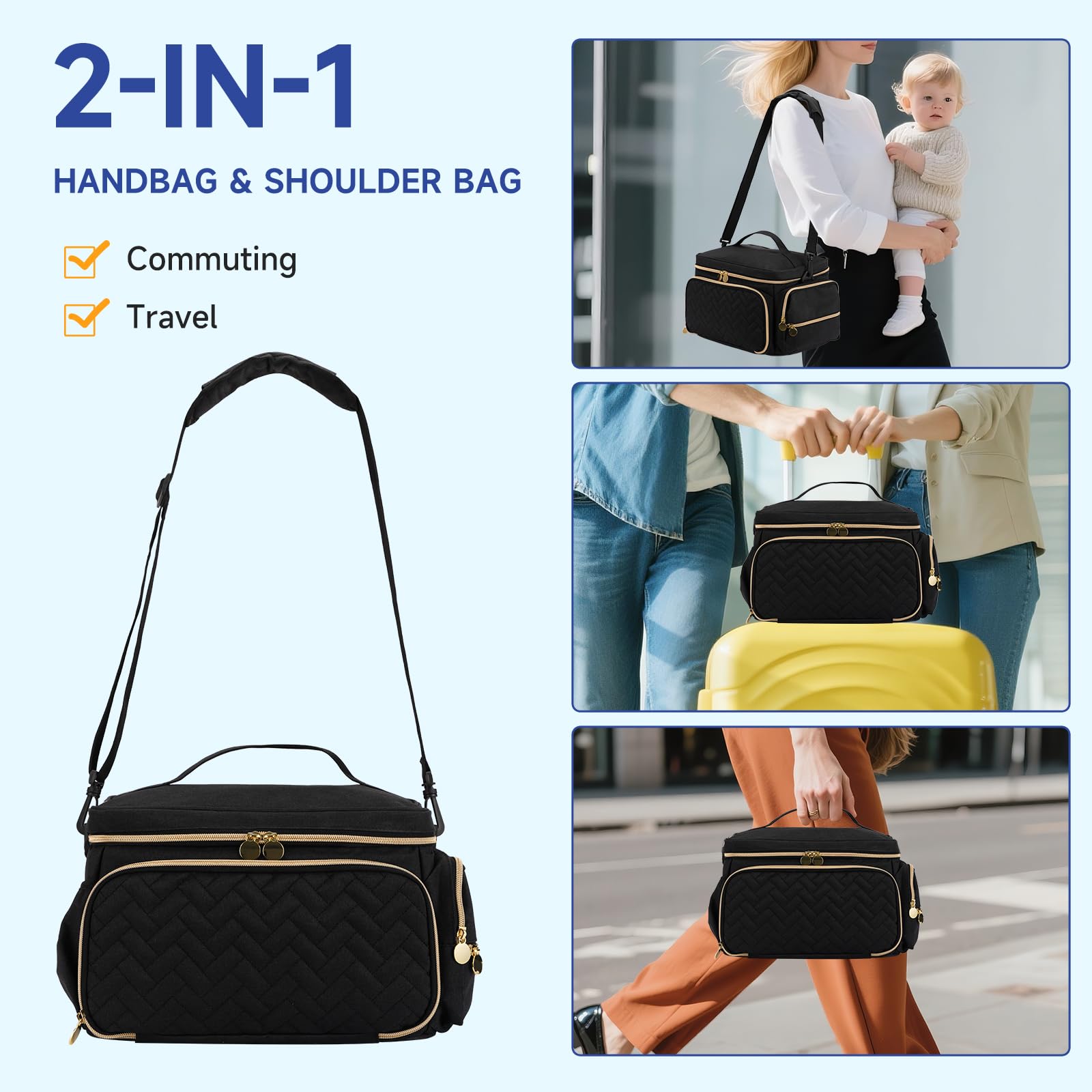 Phoebus Baby insulated pump bag highlighting the front organizational mesh pockets and secure zippers
