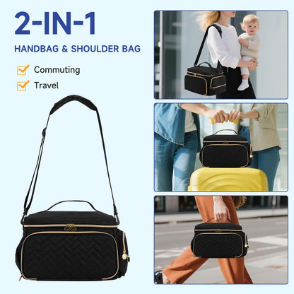 Phoebus Baby insulated pump bag highlighting the front organizational mesh pockets and secure zippers