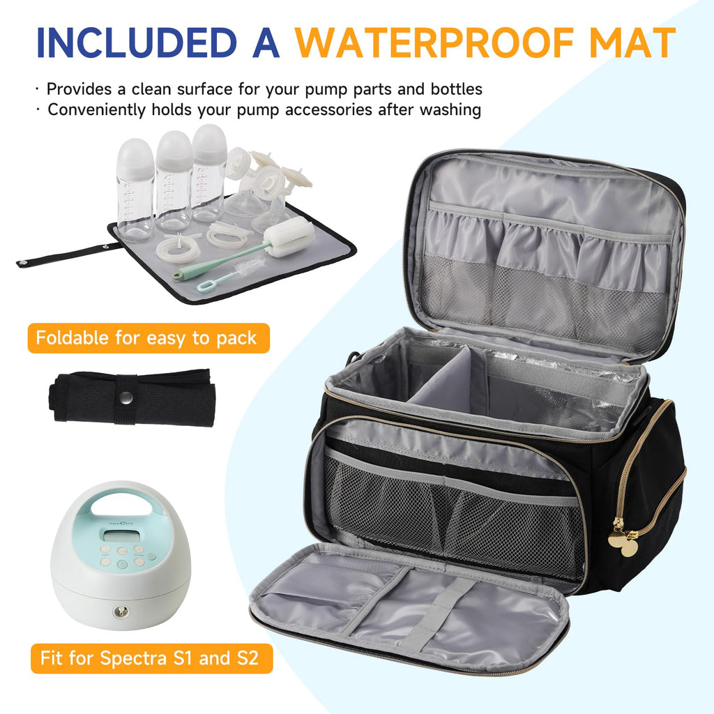 Phoebus Baby portable breast pump bag displaying the side pockets holding baby bottles and wipes