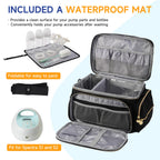 Phoebus Baby portable breast pump bag displaying the side pockets holding baby bottles and wipes