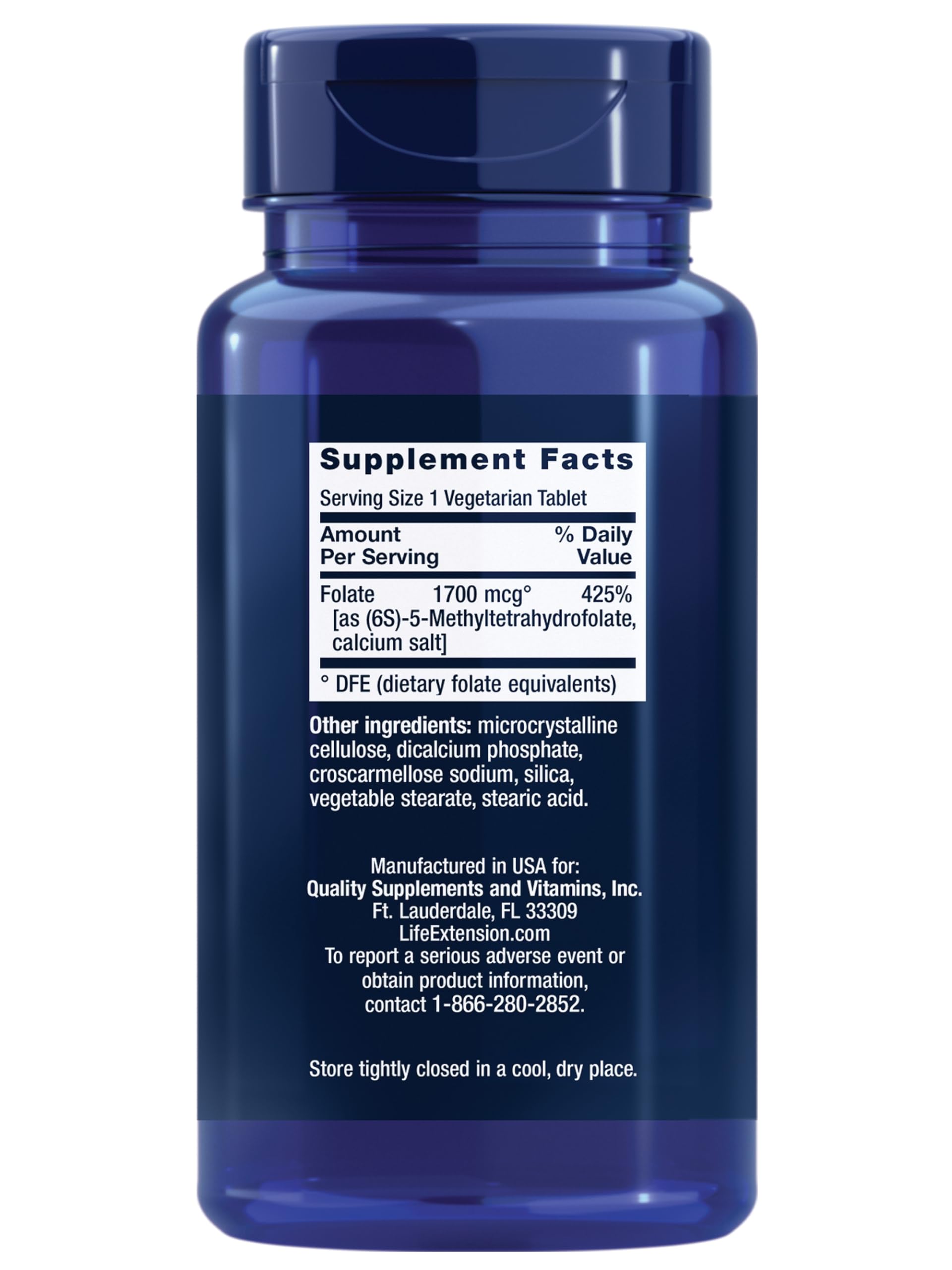 Life Extension L-Methylfolate 100 vegetarian tablets nutritional facts labels