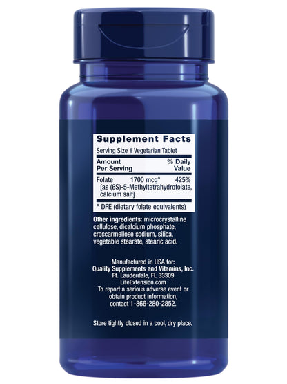 Life Extension L-Methylfolate 100 vegetarian tablets nutritional facts labels