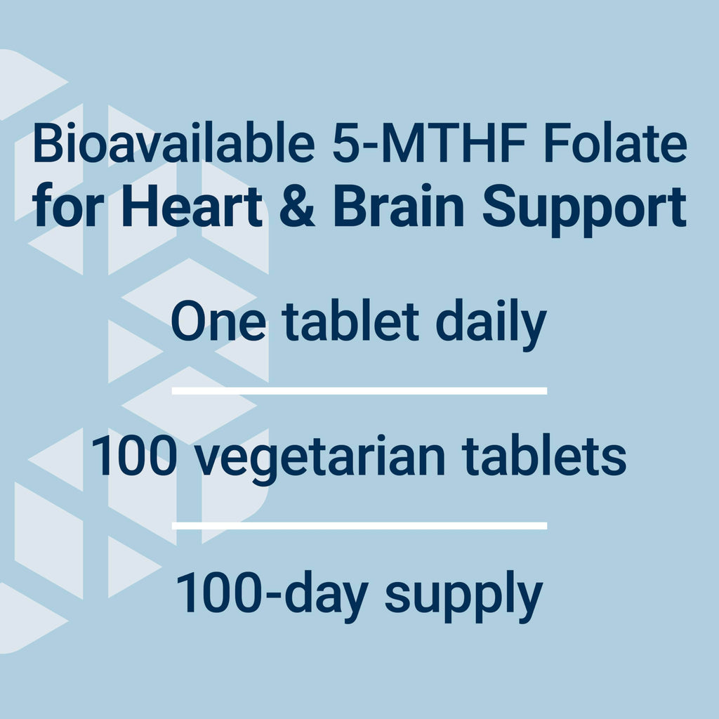 Life Extension 5-MTHF bioavailable folate tablets bottle display on table
