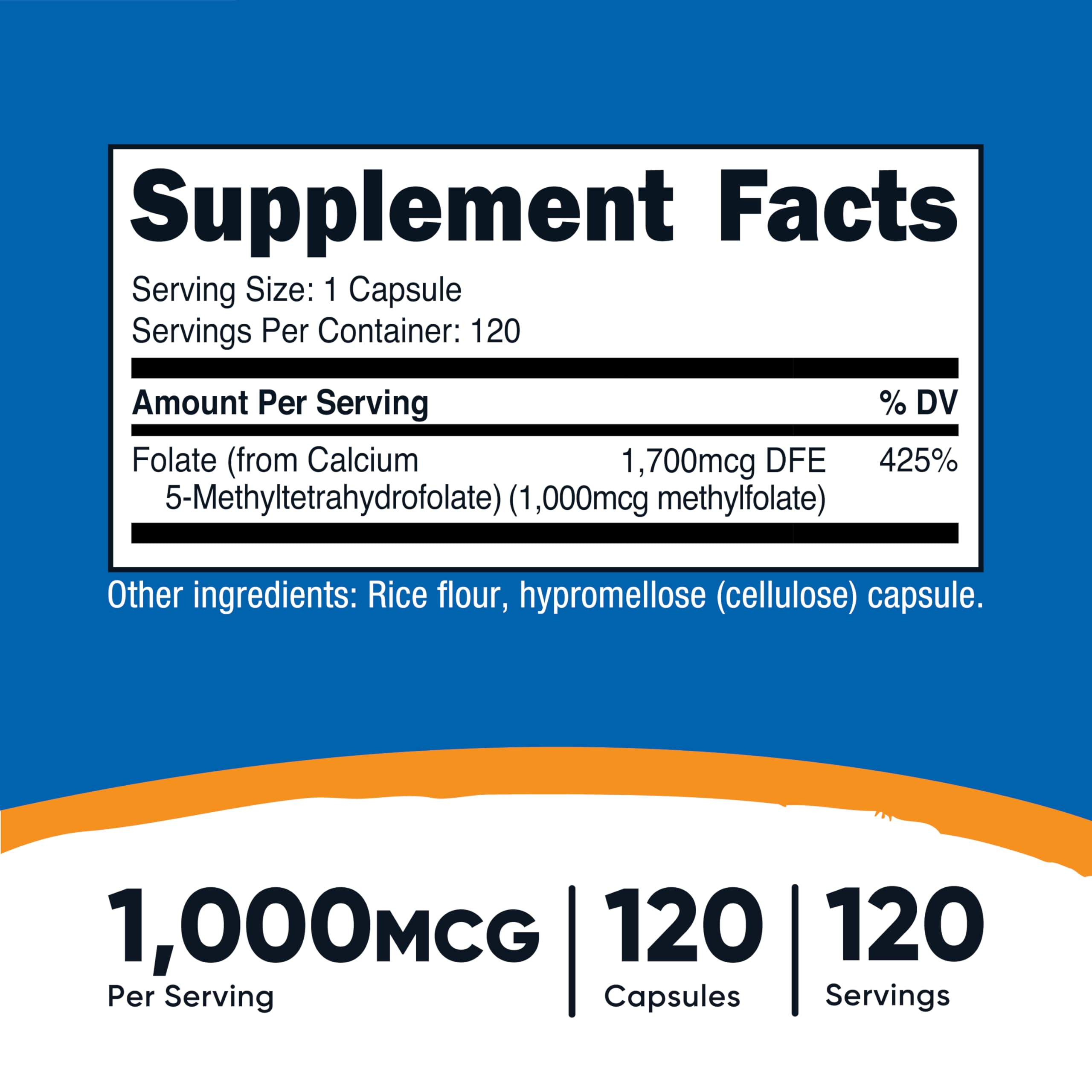 Nutricost L-Methylfolate supplement bottle detailing non-GMO and gluten-free certifications